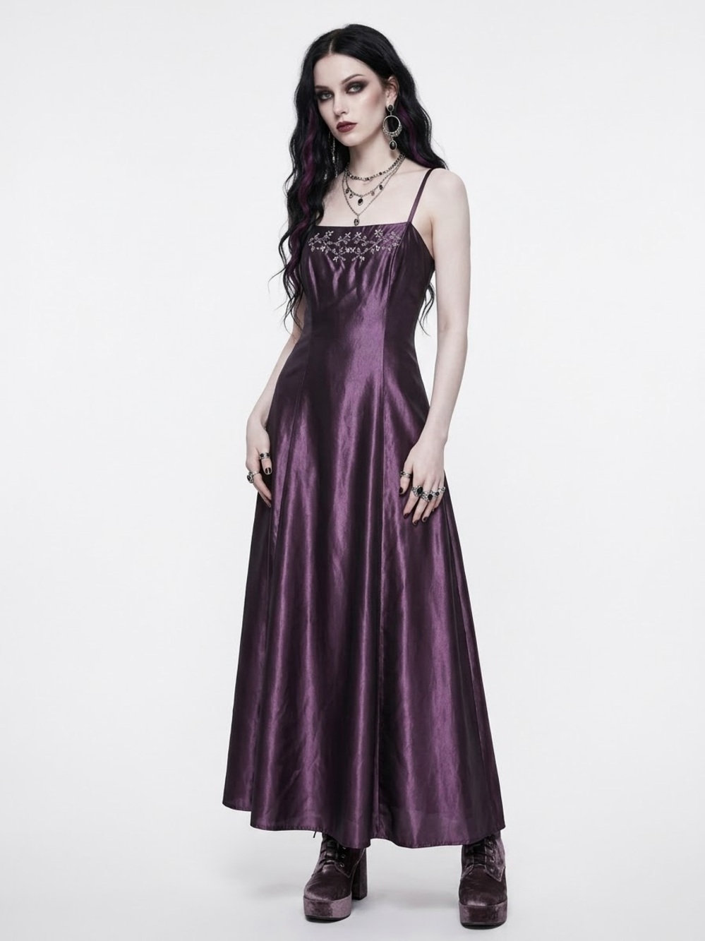 Y2K Whimsigoth Purple Taffeta Gown Witchy Embroidered Dark Fairycore Vampirecore